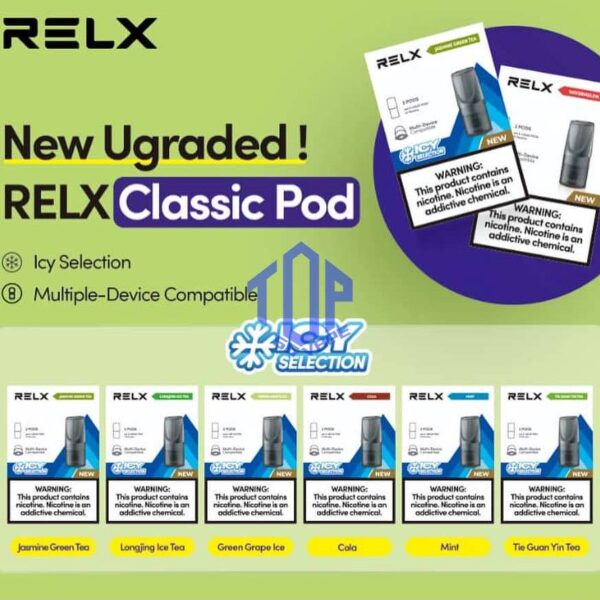 RELX CLASSIC POD - TOP SG VAPE SINGAPORE SHOP The RELX POD CLASSIC VAPE Ready stock in our sg singapore store online shop for same day delivery.  is including 3 pods in per box of Classic First Gen Relx. The RELX Difference RELX combines cutting edge, next generation vaping technology with stylish, minimalist designs to give you products that are more elegant and sophisticated than you can find in any other online vapor store. Discover out signature Classic Tobacco , Cool Mint 5% Nicotine flavor, alongside popular options like Relx Pod Watermelon Ice, Tangy Grape , Tie Guan Yin , Jasmine Green Tea, Strawberry Burst, and Peach Oolong. For those craving extra sweetness, you can also enjoy Coke or Honeydew flavors. Specifications : Nicotine : 3% / 5% Capacity : 2ml Ceramic atomizing technology for authentic flavor and throat hit sensation ⚠️RELX CLASSIC POD COMPATIBLE DEVICE WITH⚠️ Relx Device Sp2 Blitz Device Instar Device Genesis Device DD3s Device DD Touch Device DD Cube Device ⚠️RELX CLASSIS POD FLAVOUR LINE UP⚠️ Classic Tobacco 5% Cool Mint 5% Coke Grape Green Bean Honeydew Icy Slush Passion Fruit Peach Oolong Watermelon Strawberry Burst (Ice) Jasmine Green Tea (Ice) Tie Guan Yin Tea (Ice) Green Grape (Ice) Long Jing Tea (Ice) SG VAPE COD SAME DAY DELIVERY , CASH ON DELIVERY ONLY. TAKE BULK ORDER /MORE ORDER PLS CONTACT ME : TOPSGVAPE (WHATSAPP) VIEW OUR DAILY NEWS INFORMATION VAPE : TELEGRAM CHANNEL