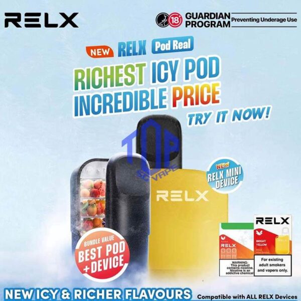 RELX POD REAL - TOP SG VAPE SINGAPORE SHOP The RELX Pod Real comes in a package of 3 pods, offering a more cost-effective option at Vape singapore shop online. Powered by VCOT technology, the RELXPod Real delivers superior cooling and richness with a 25% increase. Each pod offers up to 1000 puffs, cumulatively offering up to 3,000 puffs in the 3-pod pack, to ensure a lasting good taste experience. Featuring a visible tank to prevent burnt taste, it also provides exclusive flavors like Chrysanthemum Tea and Sour Plum Cola. Specifications: Per pods last 10000 Puffs Vcot Tech Per box including 3pods Nicotine: 3% Compatible Device With: RELX Mini Device RELX Infinity Device RELX Infinity 2 Device RELX Infinity Plus Device DD Cube Device ⚠️RELX POD REAL FLAVOUR LIST⚠️ Chrysanthemum Tea Grape TieGuanYin Icy Mineral Water Longjing Tea Matcha Frappe Orange Americano Pineapple Pink Guava Root Beer Sakura Grape Salty Caramel Coffee Sea Salt Mango Sour Haw Flakes Sour Plum Cola Strawberry Burst Tie Guan Yin SG VAPE COD SAME DAY DELIVERY , CASH ON DELIVERY ONLY. TAKE BULK ORDER /MORE ORDER PLS CONTACT ME : TOPSGVAPE (WHATSAPP) VIEW OUR DAILY NEWS INFORMATION VAPE : TELEGRAM CHANNEL