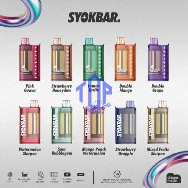 SYOKBAR 15000 DISPOSABLE - TOP SG VAPE SINGAPORE The SYOK Bar 15000 vape also as SYOKBAR 15k puffs , this vape kit for you can enjoy one full day , Vape Ready stock at Singapore sg shop on sale for same day delivery. Syokbar 15000 puffs ready stock in Singapore. Syokbar offer 10 fruity flavor options to user. The device has an indicator to show battery and ejuice level. With transparent cover fashion design, syok bar is loved by Singaporean. Try syokbar now at VAPE DELIVERY SG , this device will make you 'syok syok'! Shop now. So fresh so boost with the new visible tank technology : See through flavor easier be prepared. Better taste & longer lasting. 8 min charge 1 day use powerful battery. Specification: Puffs: 15000 Puffs Nicotine Strength: 5% Volume: 25ML Flavour Charging: Recharging with Type C Coil: Mesh Coil Fully Charged Time: 25mins ⚠️SYOK BAR 15K FLAVOUR LINE UP⚠️ Pink Guava Double Grape Double Mango Lemon Sprite Sour Bubblegum Strawberry Honeydew Mango Peach Watermelon Strawberry Grapple Watermelon Slurpee Mixed Fruit Slurpee Sea Salt Lemon Lybena Lychee Double Strawberry Sunkiss Orange Apple Orange Strawberry SG VAPE COD SAME DAY DELIVERY , CASH ON DELIVERY ONLY. TAKE BULK ORDER /MORE ORDER PLS CONTACT ME : TOPSGVAPE (WHATSAPP) VIEW OUR DAILY NEWS INFORMATION VAPE : TELEGRAM CHANNEL