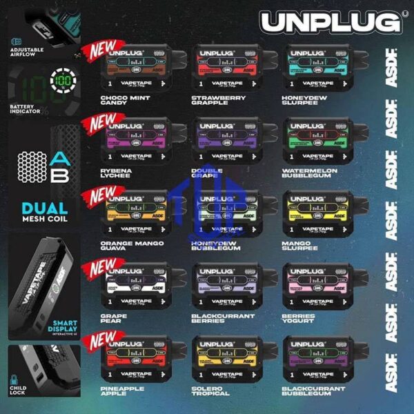 VAPETAPE UNPLUG 12000 DISPOSABLE - TOP SG VAPE SINGAPORE The Vapetape Unplug 12000 Disposable is design by Starter kit & Prefilled Cartridge Pod. In our Vape Singapore Shop Ready stock , Get it now with us and same day delivery ! The Vapetape Unplug 12K by ASDF , provides an excellent vaping experience with a 12,000 puffs capacity. For ease of use and diversity, this disposable system combines with a 5% nicotine context and type C charghing port. Its creative design prioritises portability and ease of use while offering a fulfilling vaping experience. Users looking for a longer lasting choice without the inconvenience of refills or recharges may enjoy a customisable and controlled vaping experience with this device’s features including adjustable airflow and a battery indicator. STARTER KIT Package Include : X1 VAPETAPE UNPLUG 12k Device Battery X1 Prefilled Pod 12k Puffs CARTRIDGE Package Include : X1 Prefilled Pod 12k Puffs Specification: Puffs : 12000 puffs Volume : 21ML Flavour Charging : Rechargeable with Type C Coil : Mesh Coil Fully Charged Time : 25mins Nicotine Strength : 5% ⚠️VAPETAPE UNPLUG 12K STARTER KIT & CARTRIDGE POD FLAVOUR LINE UP⚠️ Apple Lychee Berries Yogurt Blackcurrant Berries Blackcurrant Bubblegum Blackcurrant Yogurt Butter Popcorn Carrot Milk Choco Mint Candy Double Grape Grape Aloe Grape Pear Guava Melon Hazelnut Coffee Honeydew Bubblegum Honeydew Slurpee Kiwi Mango Watermelon Mango Pineapple Mango Slurpee Orange Mango Guava Peach Strawberry Pineapple Apple Rybena Lychee Solero Tropical Strawberry Grapple Watermelon Bubblegum SG VAPE COD SAME DAY DELIVERY , CASH ON DELIVERY ONLY. TAKE BULK ORDER /MORE ORDER PLS CONTACT ME : TOPSGVAPE (WHATSAPP) VIEW OUR DAILY NEWS INFORMATION VAPE : TELEGRAM CHANNEL